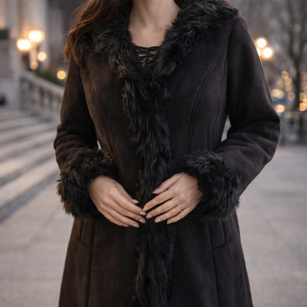 Masseys Black Long Faux Fur Trim Coat Women’s XL Elegant Winter - Picture 2 of 16